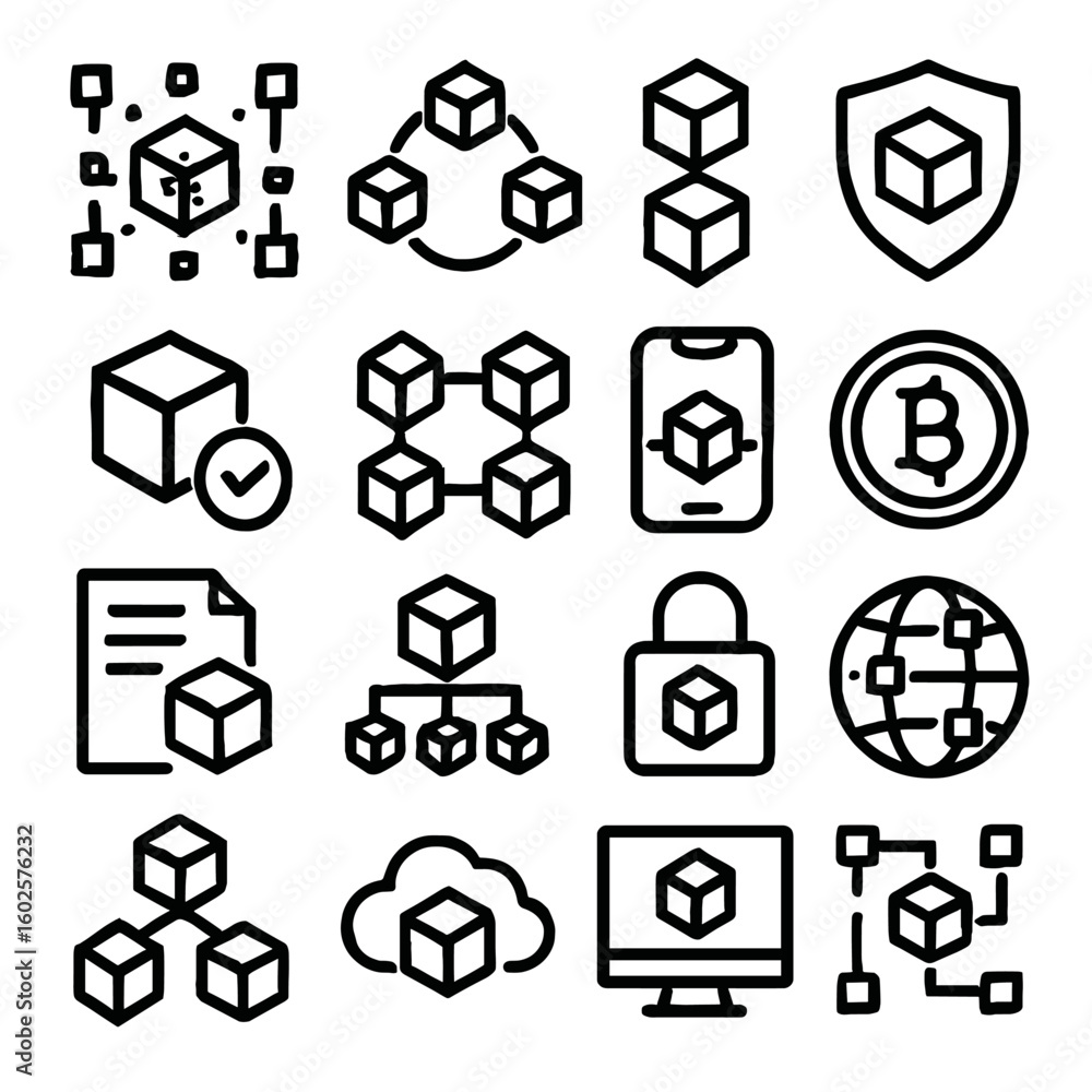 Poster a compilation of cube icons presenting blockchain and technology solutions, digital transformation a