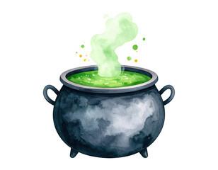 Cute cartoon halloween cauldron. Watercolor style. Halloween and holiday. Cartoon festive illustration.