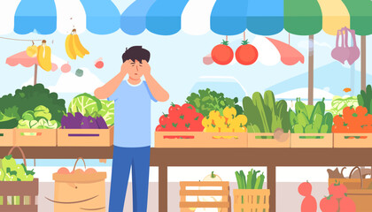 Overwhelmed young man with a headache at a colorful outdoor vegetable market.
