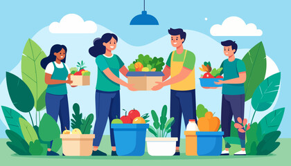 A diverse group of happy volunteers sharing boxes of fresh, organic produce. Flat illustration style showing community food donation and support.