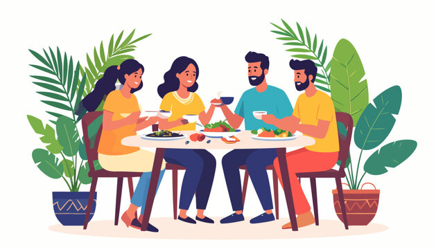 Cheerful group of four friends enjoying a meal together, eating and talking at a modern dining table.
