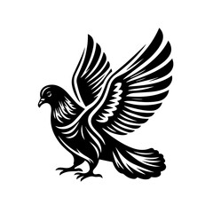 A stylized black silhouette of a dove in flight isolated on a white background