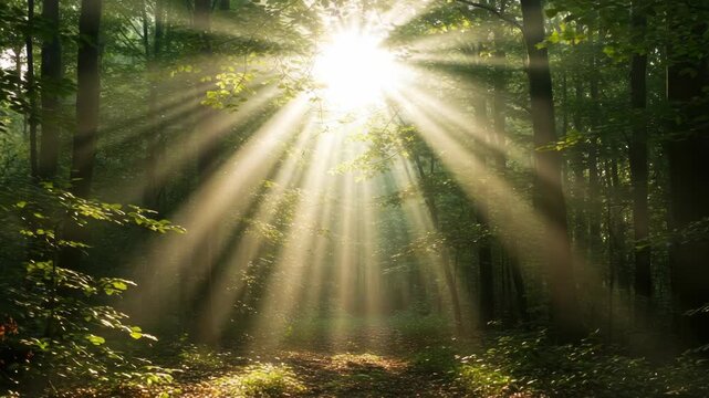 Sunlight piercing forest path