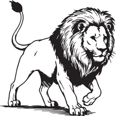Walking lion with long curved tail and fluffy mane, outlined in clean black ink, hand-drawn illustration style.