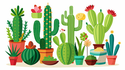 Vector art of a vibrant collection of potted cacti and succulents in various shapes and sizes isolated on white background