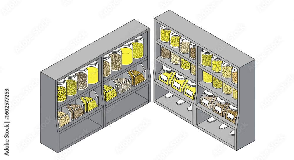 Poster bulk food display shelf with jars and containers