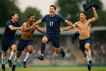 Joyful soccer players sprint across field after win