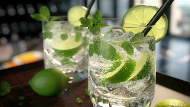 Two tall glasses of fizzy drink with a garnish of mint and lime, on a table ready for service.