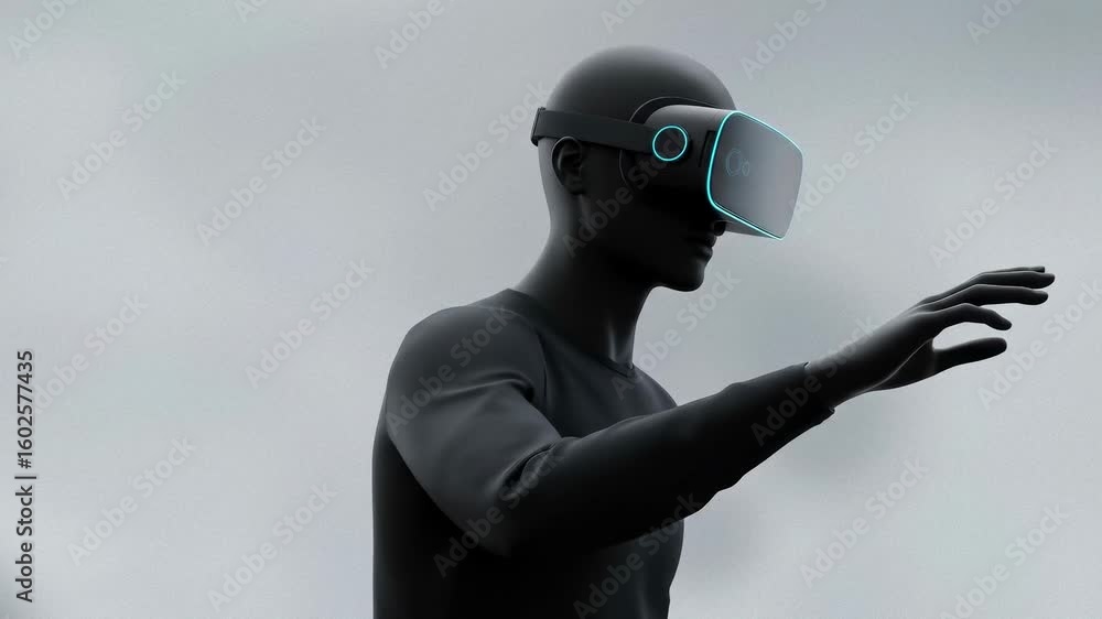 Poster man wearing virtual reality headset interacts with digital interface, experiencing simulation, metav