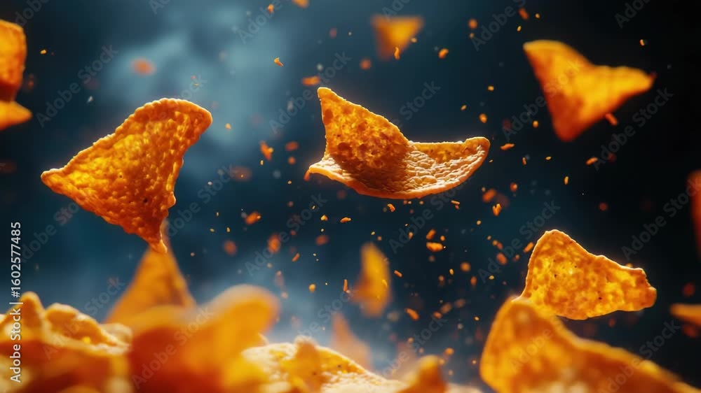 Poster shockwave of crunchy snacks flying through the air, creating an energetic visual. high contrast text