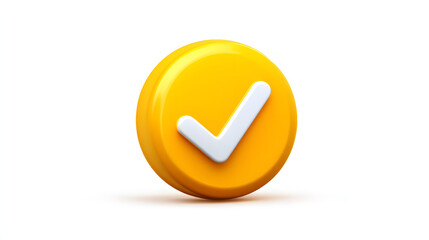 3d check icon, checklist tick, done mark. Vector realistic plastic style checkmark, symbol of selection, confirmation or approval. yellow circle with a white, white background