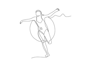 Woman enjoying swimming pool on float. Day at the pool concept one-line drawing