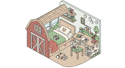 Cozy cabin room interior with bed and desk