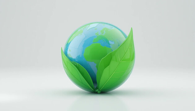 3D render of a green leaf and globe icon