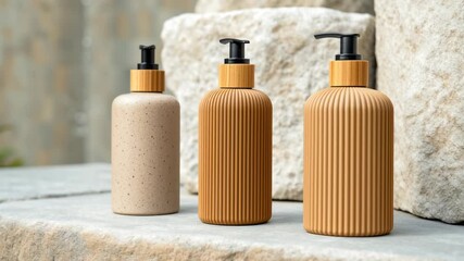 Stylish ceramic and textured plastic pump bottles displayed outdoors natural stone surface, highlighting eco friendly design and conscious consumerism