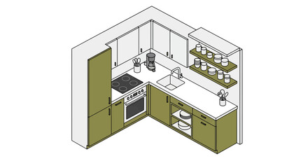 Kitchen corner layout with appliances and storage
