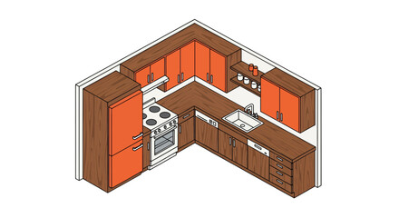 L-shaped kitchen interior with orange and wood cabinets
