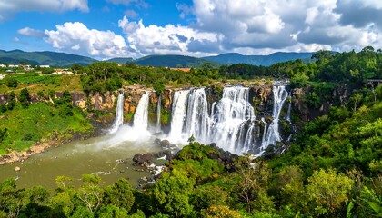 Fototapeta premium Panoramic view of a cascading waterfall surrounded by lush greenery and hills