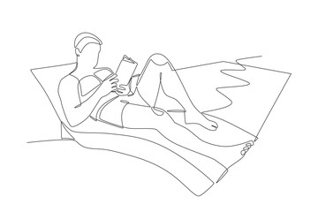 Man relaxing while reading a book in the swimming pool. Day at the pool concept one-line drawing