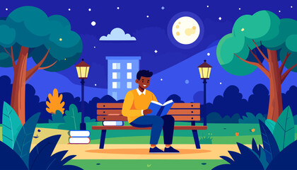Young Black man in a yellow sweater, smiling contentedly while reading a book on a bench.