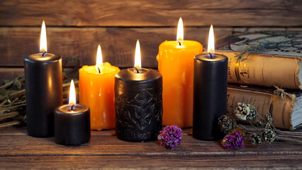 Mystical Black and Orange Candles with Dried Flowers and Old Books on Wooden Table