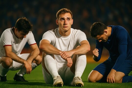 Dejected soccer players sitting on field after intense match loss