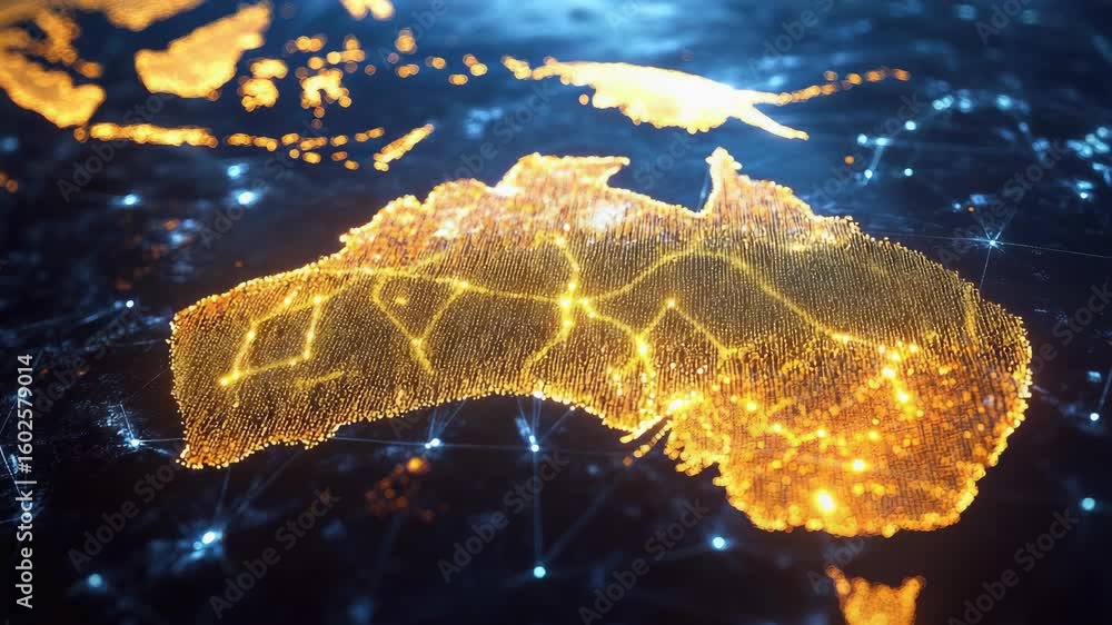 Poster illuminated representation of a country with glowing lights on a dark background, symbolizing connec