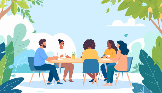 Diverse group of five casually dressed friends in a cheerful conversation, sitting together and holding coffee cups.