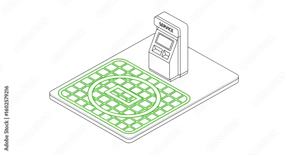 Poster service station layout with grid pattern and kiosk