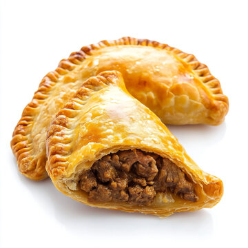 argentinian empanadas golden baked, beef filling, isolated on white background.