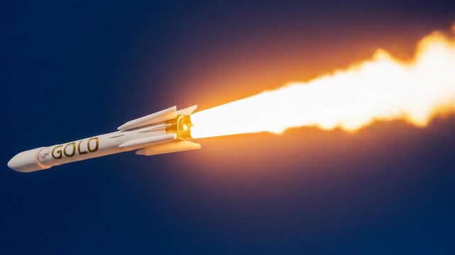 A sleek white rocket with "GOLO" printed on its side launches into the dark blue sky, leaving a powerful fiery trail, symbolizing ambition, space exploration, scientific progress, and technological ad
