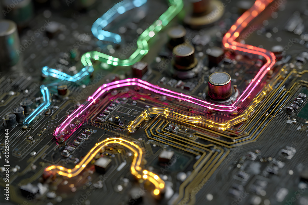 Poster neon lights highlight intricate pathways on a circuit board