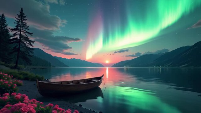 boat tied to the shore on a beautiful mountain lake with aurora in the sky, video background of beautiful nature