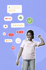 Social media engagement highlights a young woman celebrating her online success with metrics and...