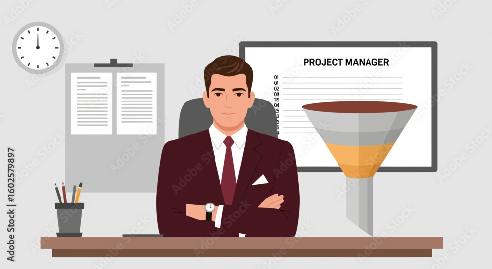 Poster confident project manager manages tasks with efficient workflow funnel