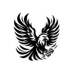 Obraz premium A fierce black eagle with wings spread wide isolated on white background