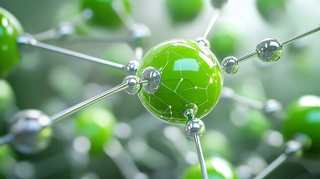 Green molecular structure illustration showing connected atoms in scientific background

