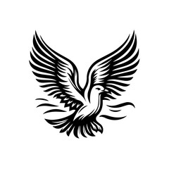 Obraz premium A stylized black and white illustration of a dove in flight with its wings spread