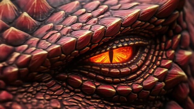 A mesmerizing close-up of a dragon's intense, fiery orange and yellow eye with reptilian scales, conveying fantasy, power, magic, mythical creatures, and the mystical world of legend.


