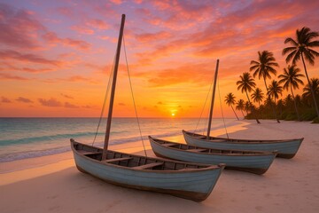 Three fishing boats on sandy beach during sunset with palm trees  