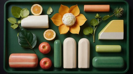 Abstract Geometric Plant and Flower Arrangement in a Green Tray