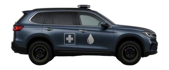 Blood transport SUV with emergency light bar and medical decals on doors