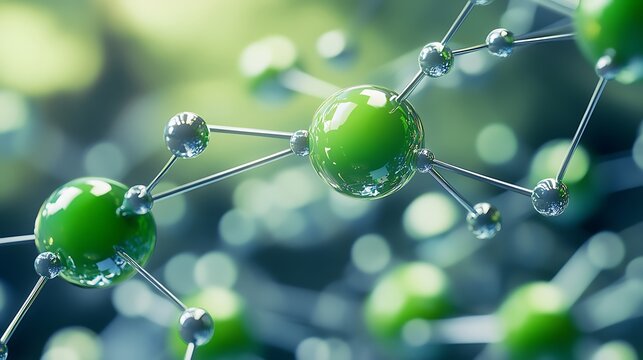Green molecular structure illustration showing connected atoms in scientific background
