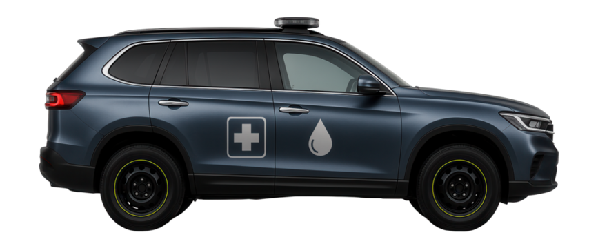 Blood transport SUV with emergency light bar and medical decals on doors