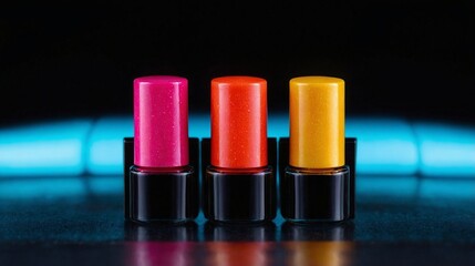 Trio of Bright Neon Nail Polish Bottles on Reflective Surface