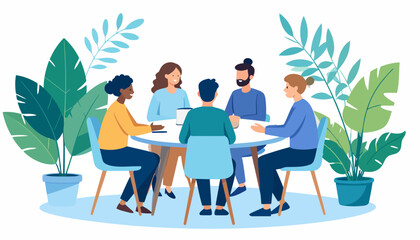 Fototapeta premium A diverse team of five colleagues in a creative business meeting, sitting at a round table and collaborating amongst lush green plants.