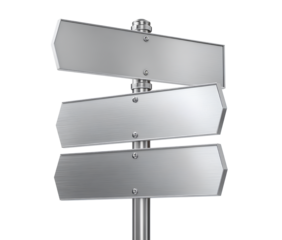 Close-up of metal directional signpost isolated on transparent background