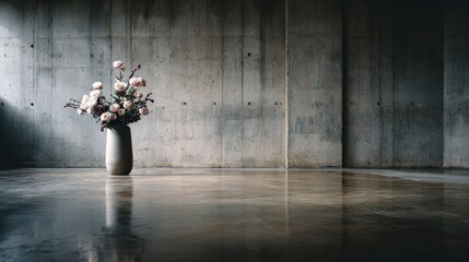 Modern vase with flowers against concrete wall