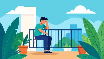 A sad young man with black hair, sitting in a pensive pose with his hand on his forehead.