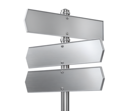 Close-up of metal directional signpost isolated on transparent background